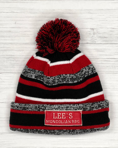 Ribbed Beanie with Pom Pom One Size Beanie - Multi Color Red, Black and White