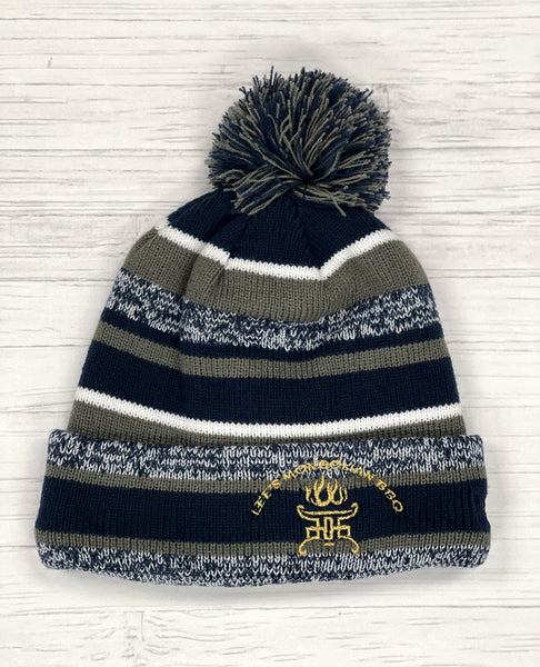 Ribbed Beanie with Pom Pom One Size Beanie - Multi Color Blue, Grey and White